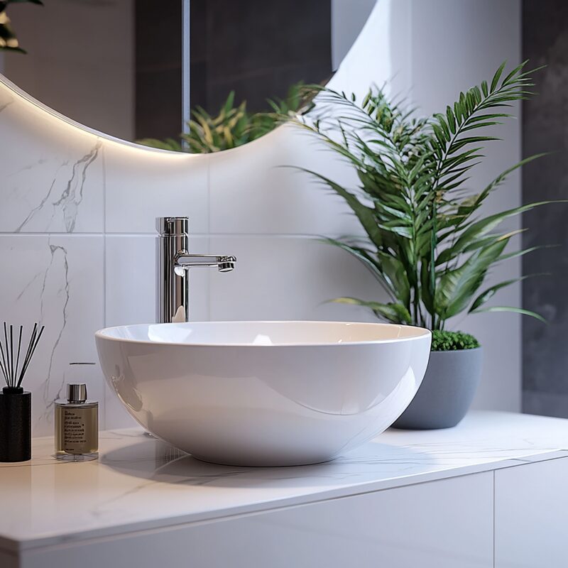 bathroom-with-sink-plant-corner -Wasser Bath